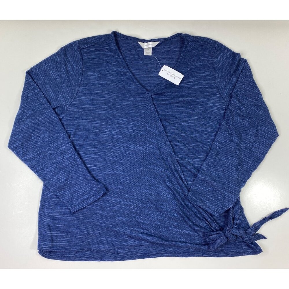 Cj Banks Womens Blue Long Sleeve V-Neck Top Tie Hem Size 1X